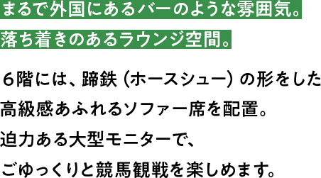 まるで外国にあるバーのような雰囲気。落ち着きのあるラウンジ空間。6階には、蹄鉄（ホースシュー）の形をした高級感あふれるソファー席を配置。迫力ある大型モニターで、ごゆっくりと競馬観戦を楽しめます。